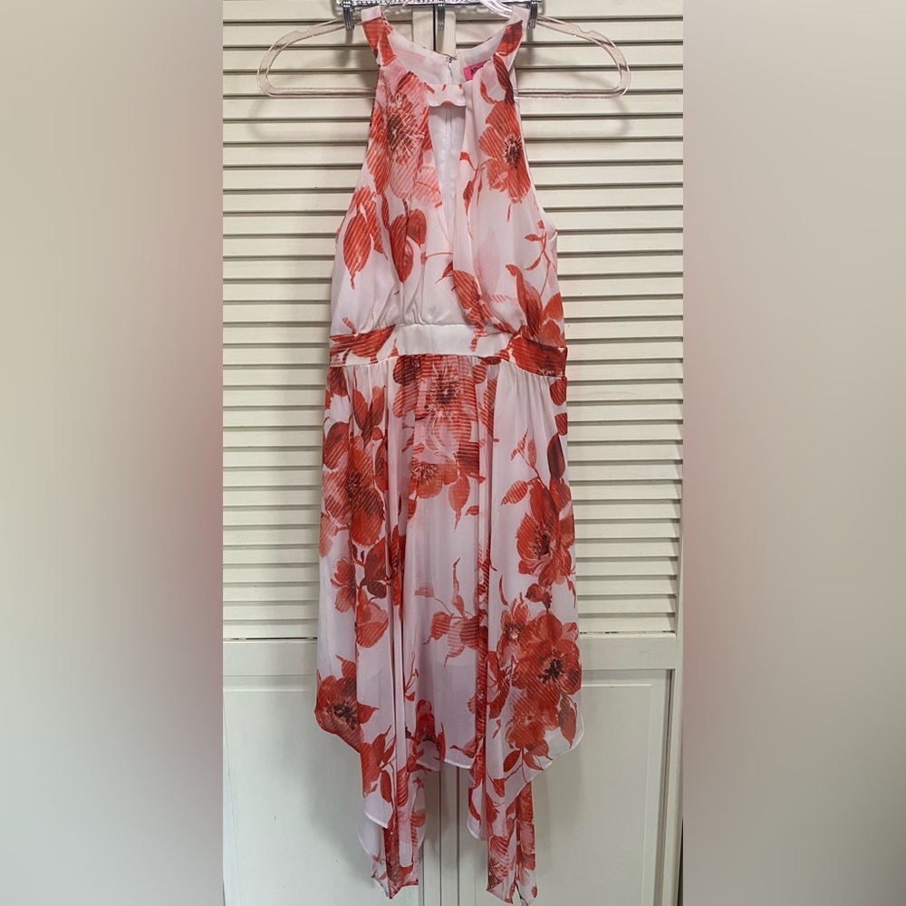 Betsy Johnson Sheer White Orange‎ Floral Asymmetrical Empire Waist Dress Size 4